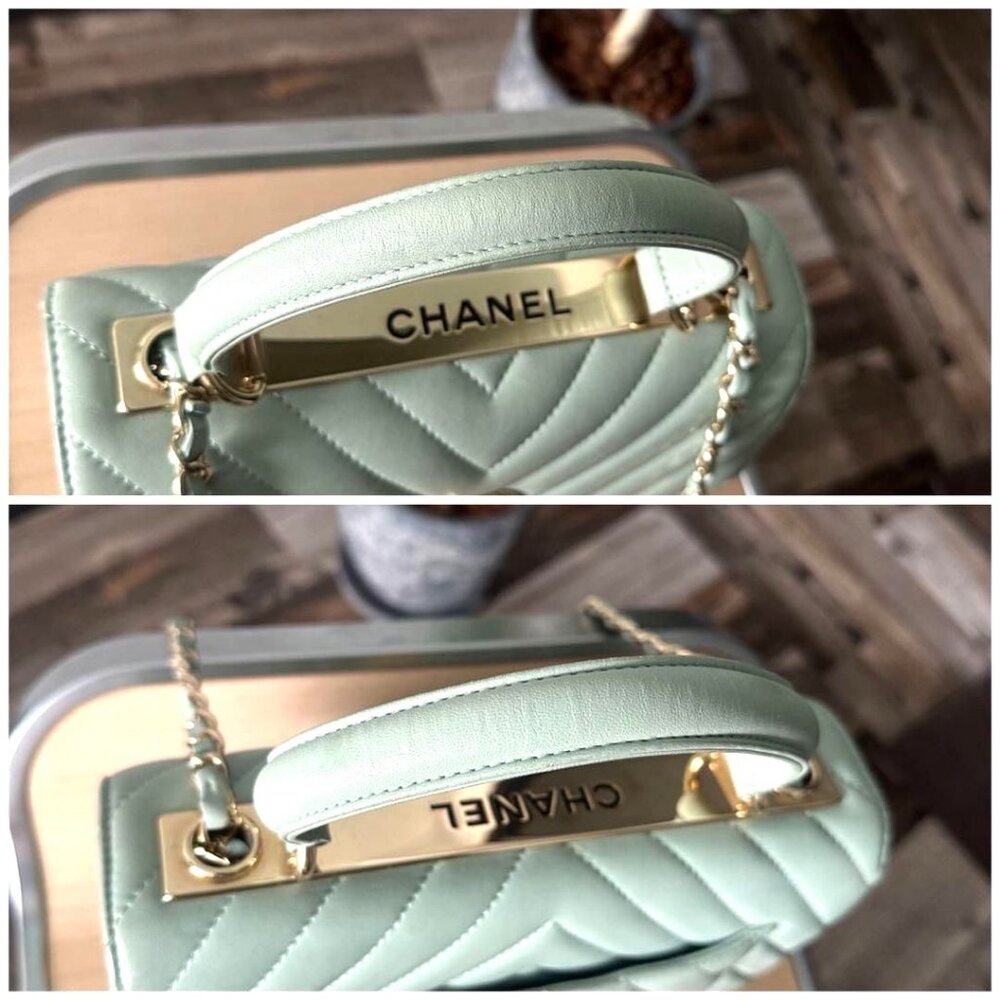 Authentic CHANEL Trendy Chevron Lambskin Quilted Dual Handle Flap Bag Mint Tote - Picture 6 of 16